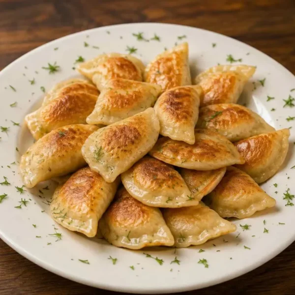 A dozen golden pan-fried Ukrainian pierogis, served fresh at Pierogi Bar St Pete.