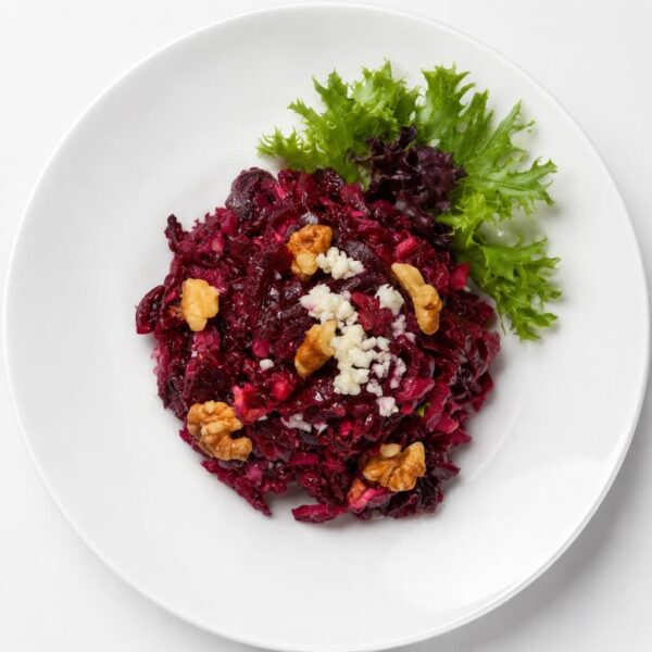 Beets of Paradise Ukrainian beet salad with walnuts, dried cranberries, onion, garlic, and cold-pressed sunflower oil.