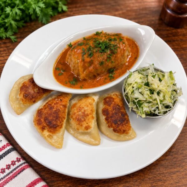A traditional hand-rolled cabbage roll served with handcrafted pierogis and fresh Ukrainian cabbage slaw.
