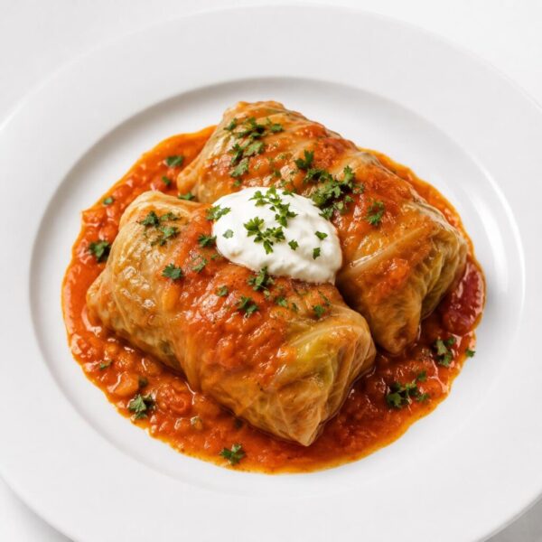 House-crafted Ukrainian cabbage rolls served with red sauce and sour cream.