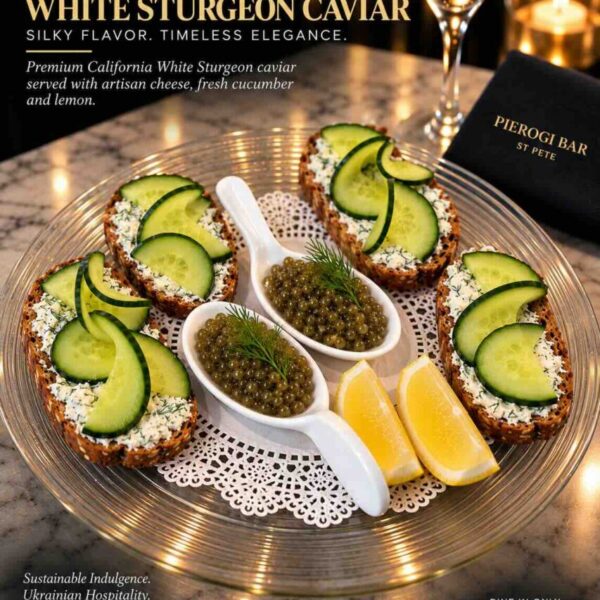 One ounce of California White Sturgeon caviar presented at Pierogi Bar St Pete.