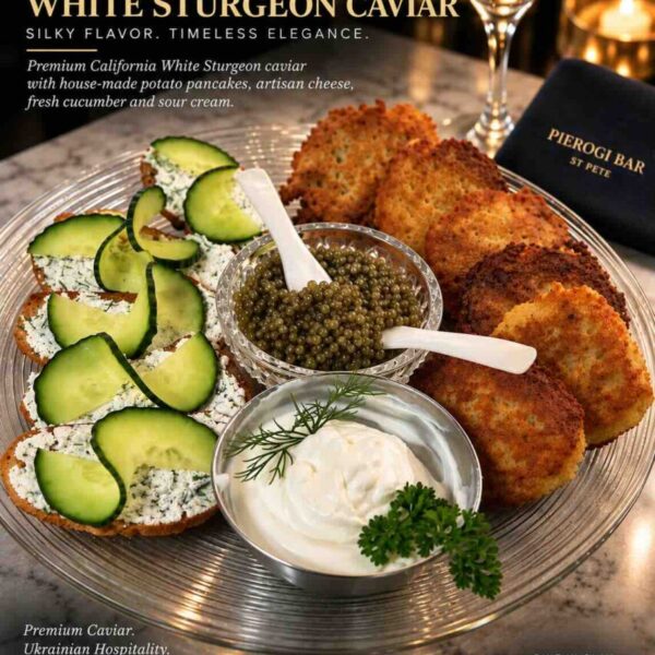 A two-ounce California White Sturgeon caviar plate served at Pierogi Bar St Pete.