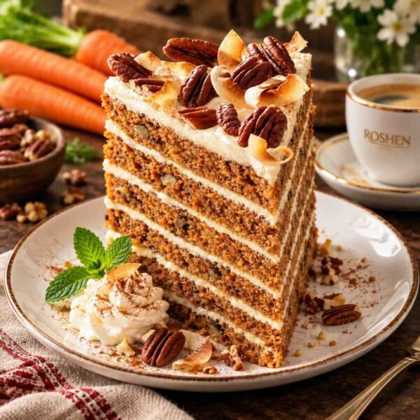 Carrot Cake with warmly 6 spiced layers, cream cheese frosting, and a pecan finish.
