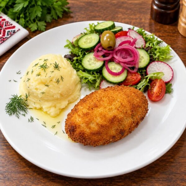 Golden Chicken Kyiv with garlic-herb butter, mashed potatoes and fresh salad.
