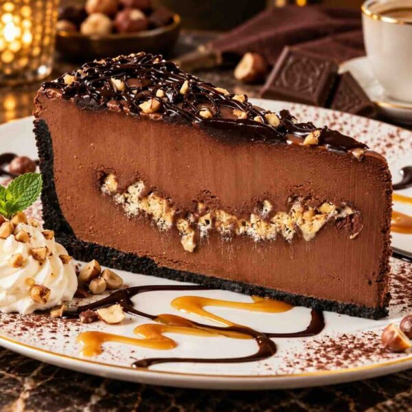 Chocolate Toffee Kahlua Torte with rich chocolate filling, crunchy toffee, and Kahlua flavor.