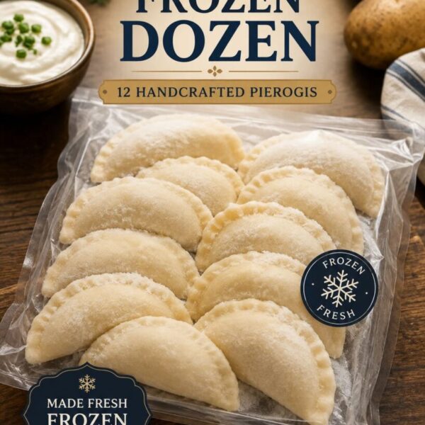 A dozen handcrafted Ukrainian pierogis, frozen fresh and ready to cook at home.