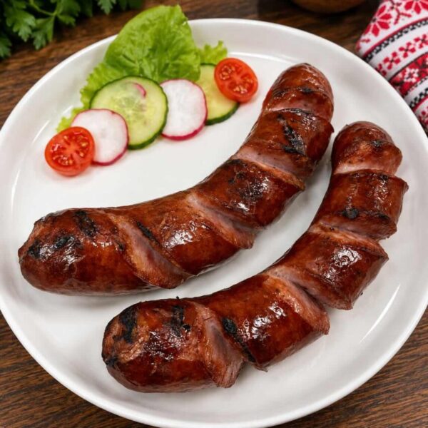 Grilled Ukrainian kovbasa at Pierogi Bar St Pete, smoky and savory with a caramelized finish.