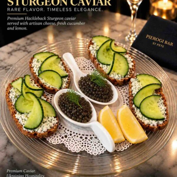 One ounce of velvety Hackleback Sturgeon caviar at Pierogi Bar St Pete.