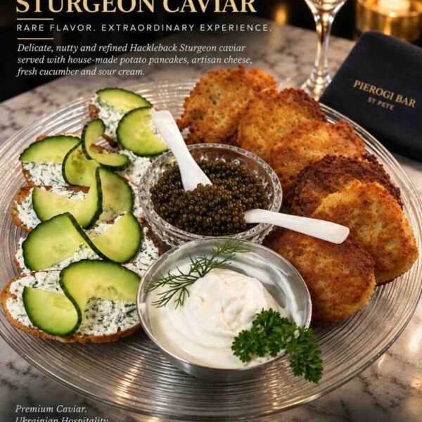 A two-ounce Hackleback Sturgeon caviar plate prepared for dine-in at Pierogi Bar St Pete.