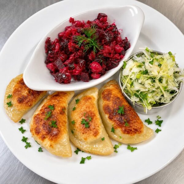 Handcrafted pierogis served with Hutsul Varia beet salad and fresh cabbage slaw.