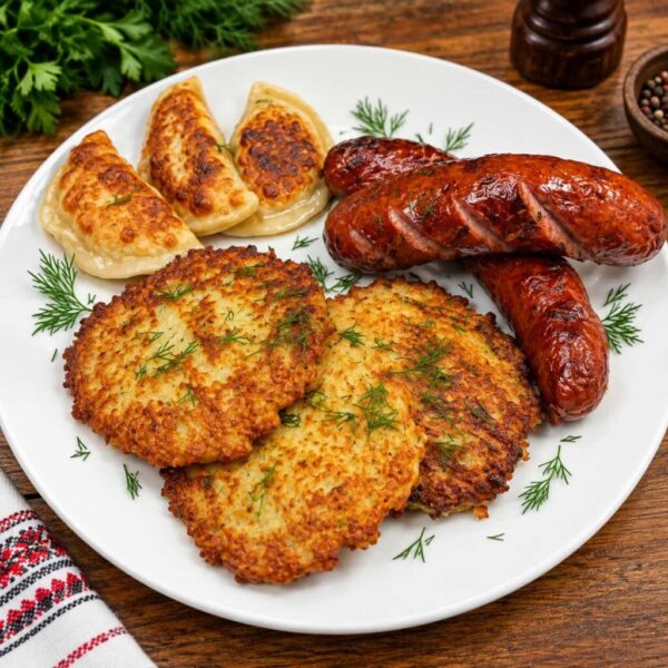 Kozak Platter with grilled kovbasa, handcrafted pierogis and crispy potato pancakes.