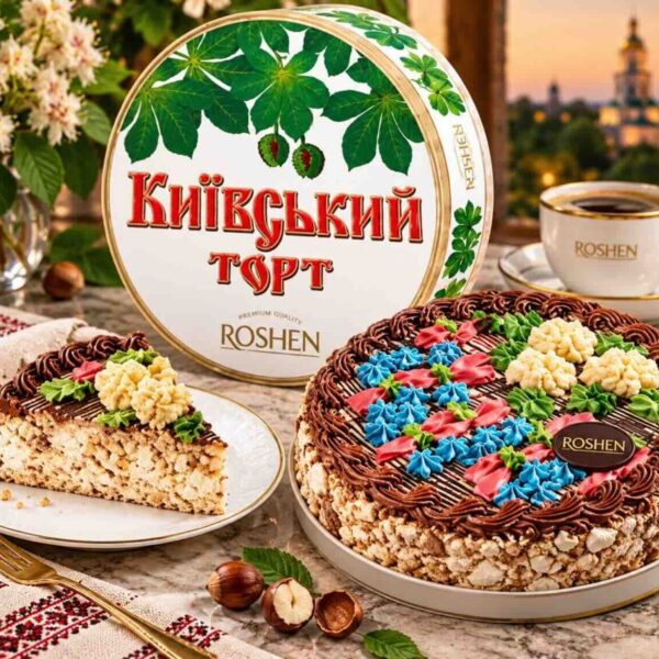Kyiv Torte, a classic Ukrainian dessert with crisp meringue, roasted nuts, and chocolate buttercream.