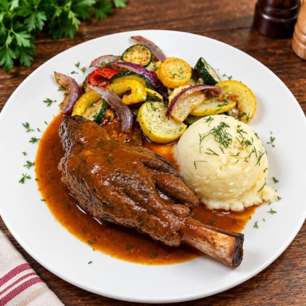 Tender lamb shank slow-braised in red wine with vegetables and mashed potato.