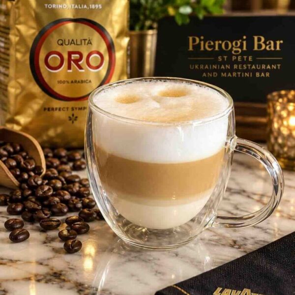 Creamy Lavazza Oro Cappuccino finished with velvety foam at Pierogi Bar St Pete.