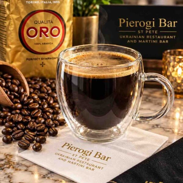 Smooth Lavazza Oro Coffee Americano prepared at Pierogi Bar St Pete.