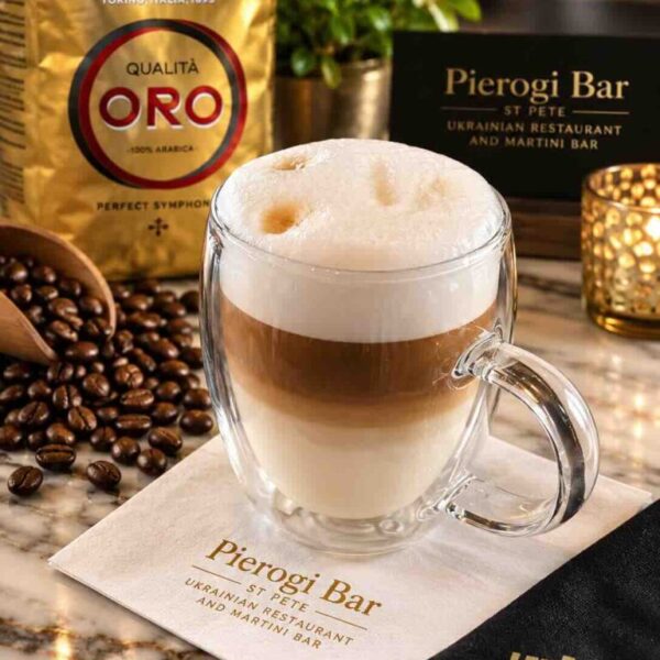 Layered Lavazza Oro Latte Macchiato crafted at Pierogi Bar St Pete.