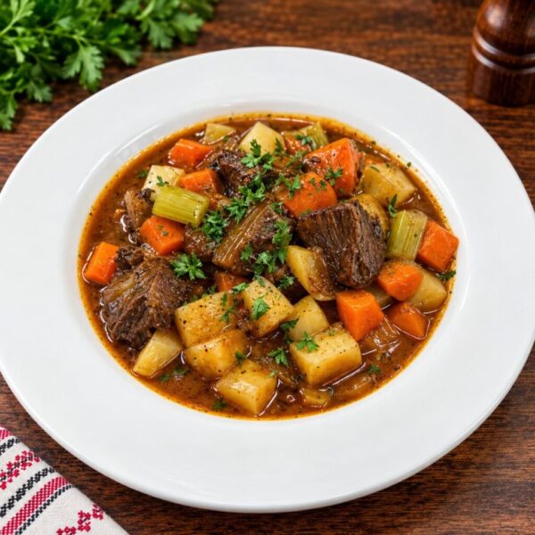 Slow-braised Ukrainian-style pot roast with tender beef and vegetables.