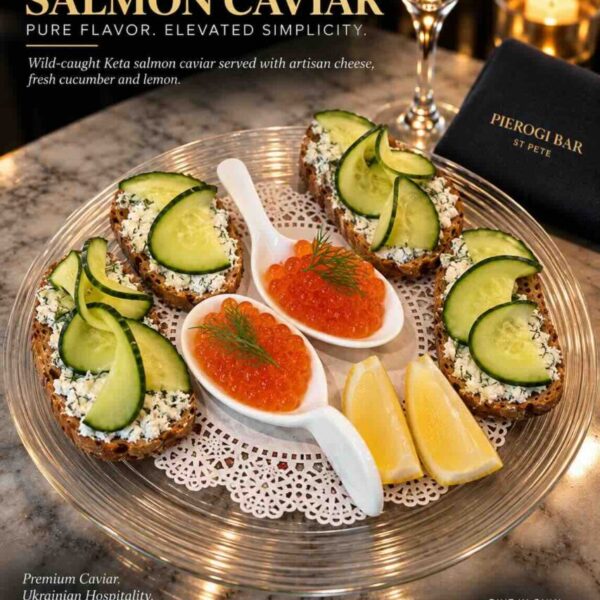 Brilliant orange Pacific Keta Salmon caviar presented at Pierogi Bar St Pete.
