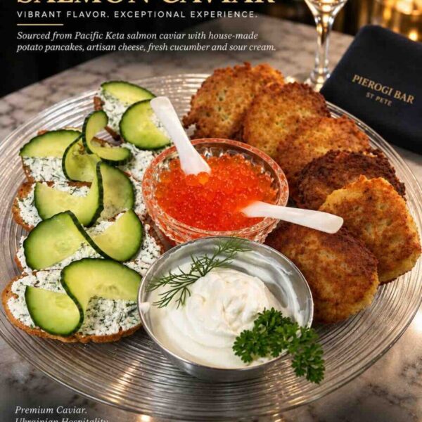A two-ounce Pacific Keta Salmon caviar plate at Pierogi Bar St Pete.