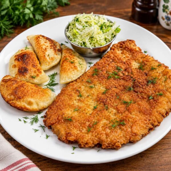 Tender Galician schnitzel served with handcrafted pierogis and fresh Ukrainian cabbage slaw.