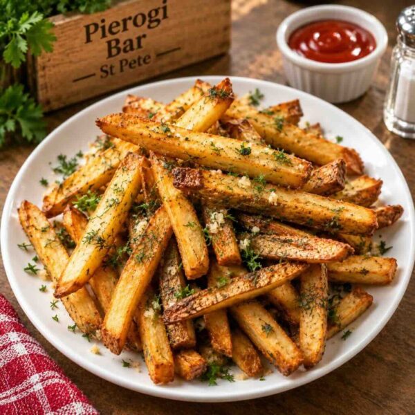 Golden Ukrainian countryside fries served at Pierogi Bar St Pete.