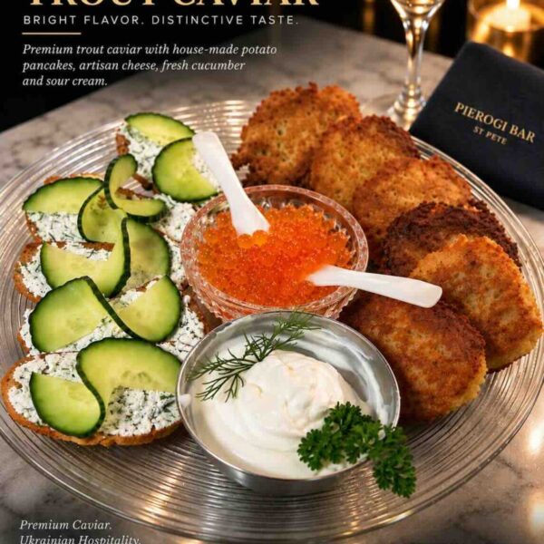 A two-ounce Trout caviar plate with traditional accompaniments at Pierogi Bar St Pete.