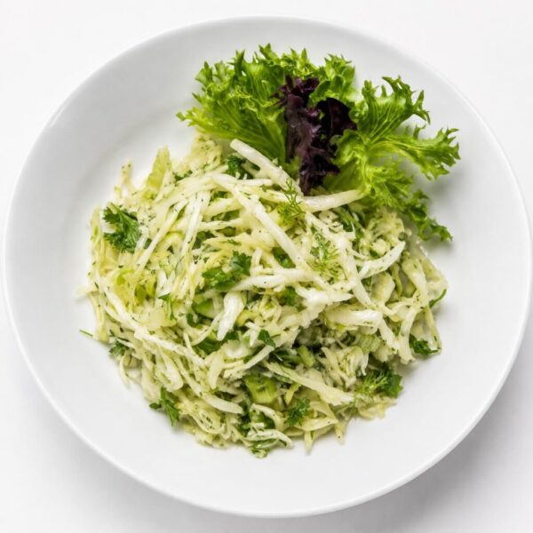 Fresh Ukrainian shredded cabbage salad with green onions, dill, parsley, lemon juice, and balanced seasoning.