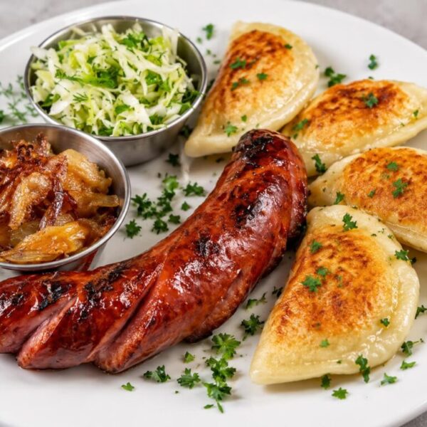 Grilled Ukrainian kovbasa served with handcrafted pierogis, caramelized onions, and cabbage slaw.