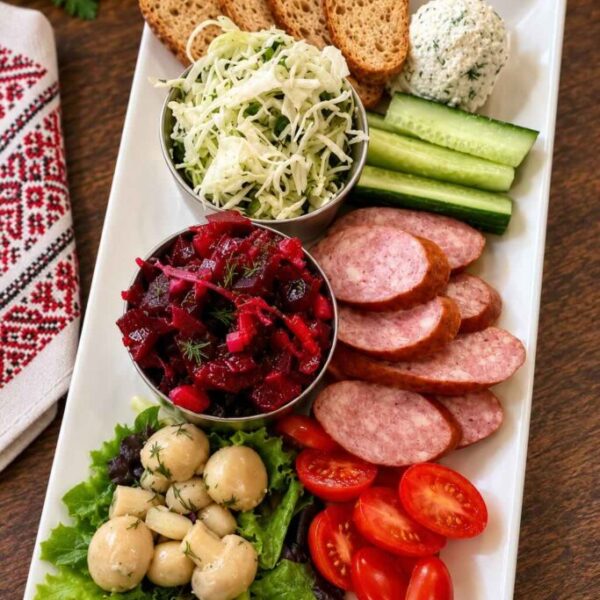 Ukrainian Sampler at Pierogi Bar St Pete, featuring kovbasa, marinated mushrooms, traditional salads, fresh vegetables, bread, and a creamy herb spread.