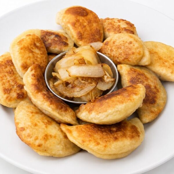 Handcrafted Ukrainian Variety Pierogis served with caramelized onions at Pierogi Bar St Pete.