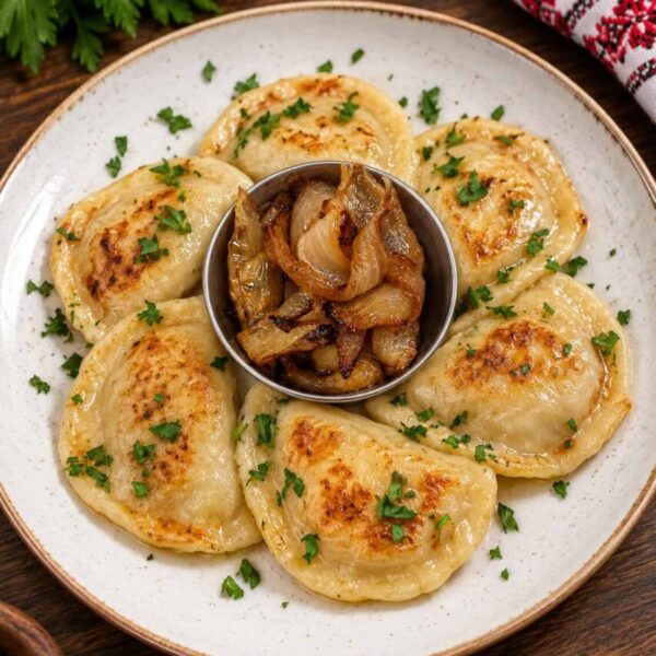 Variety Pierogi Mini at Pierogi Bar St Pete, served golden with caramelized onions and fresh herbs.