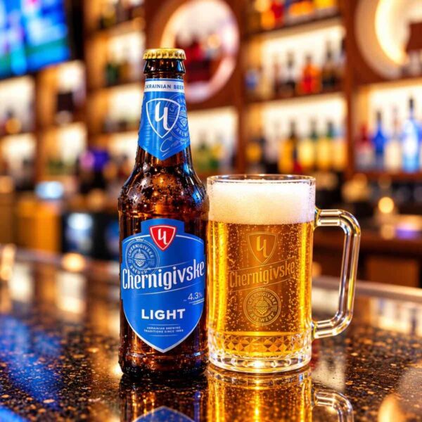 Chernigivske Lager Ukrainian beer served at Pierogi Bar St Pete in St. Petersburg, Florida.