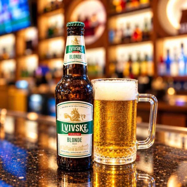 Lvivske Blonde Ukrainian beer served at Pierogi Bar St Pete in St. Petersburg, Florida.