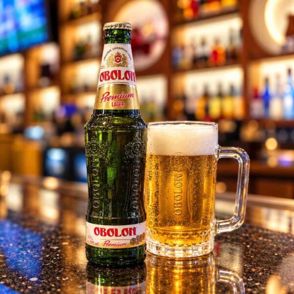 Obolon Premium Lager Ukrainian beer served at Pierogi Bar St Pete in St. Petersburg, Florida.