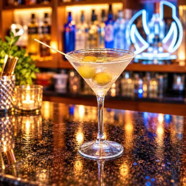 The Pierogi Bar Classic Martini featuring Ukrainian Nemiroff vodka or Four Corners American gin, dry vermouth, and hand-stuffed olives.