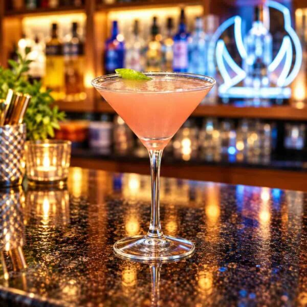 Ruby Red Mangotini Martini with orange and mango vodkas, cranberry, grapefruit, and lime. Handcrafted at Pierogi Bar St Pete.