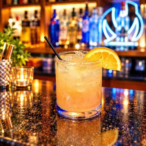St Pete Sunset Cocktail with RumHaven Coconut Rum, Grand Marnier, pineapple, cranberry, and lemon-lime. A tropical favorite at Pierogi Bar St Pete.